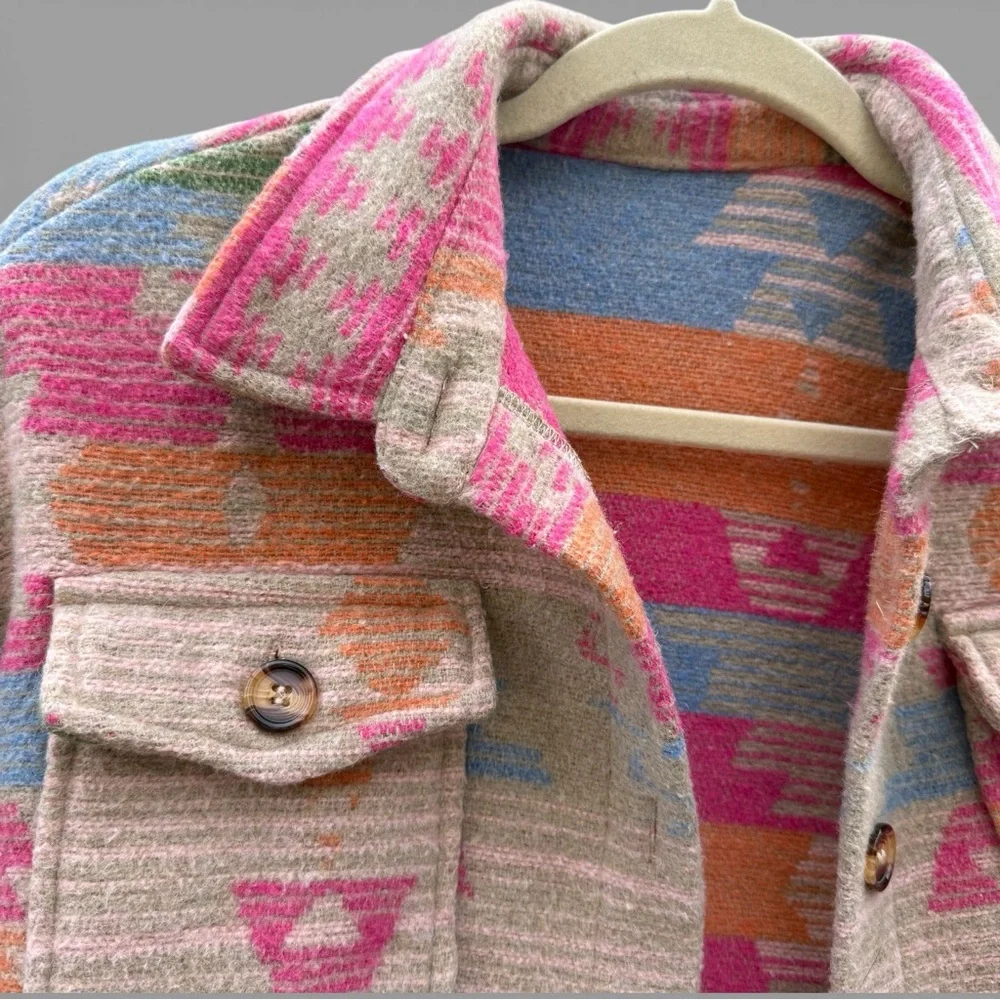 Pink Western Aztec Southwestern Button Flap Pocket Collared Shacket Small